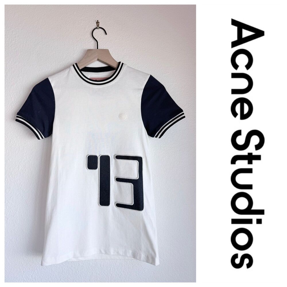 NEW Acne Studios Blå Konst Women's White Varsity 13 Ringer T-Shirt NWT XXS